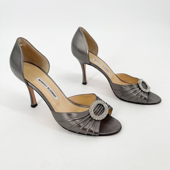 Manolo Blahnik Silver Metallic Sedaraby Crystal D'Orsay Peep Toe Heel size IT 41 - Picture 1 of 12